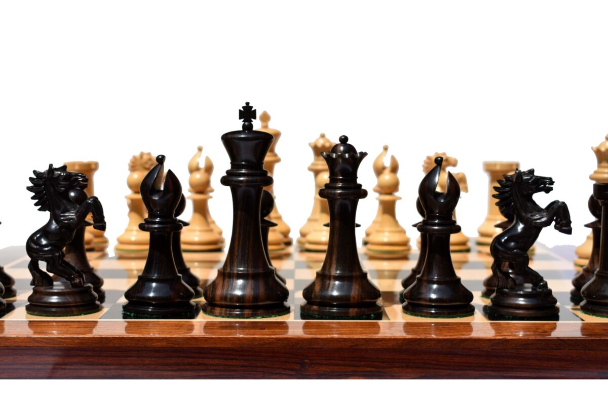 Special Edition Kohinoor Series Chess Set Boxwood & Golden Grain Stripped Ebony 5" King with 2.5" Square Chess Board-8512