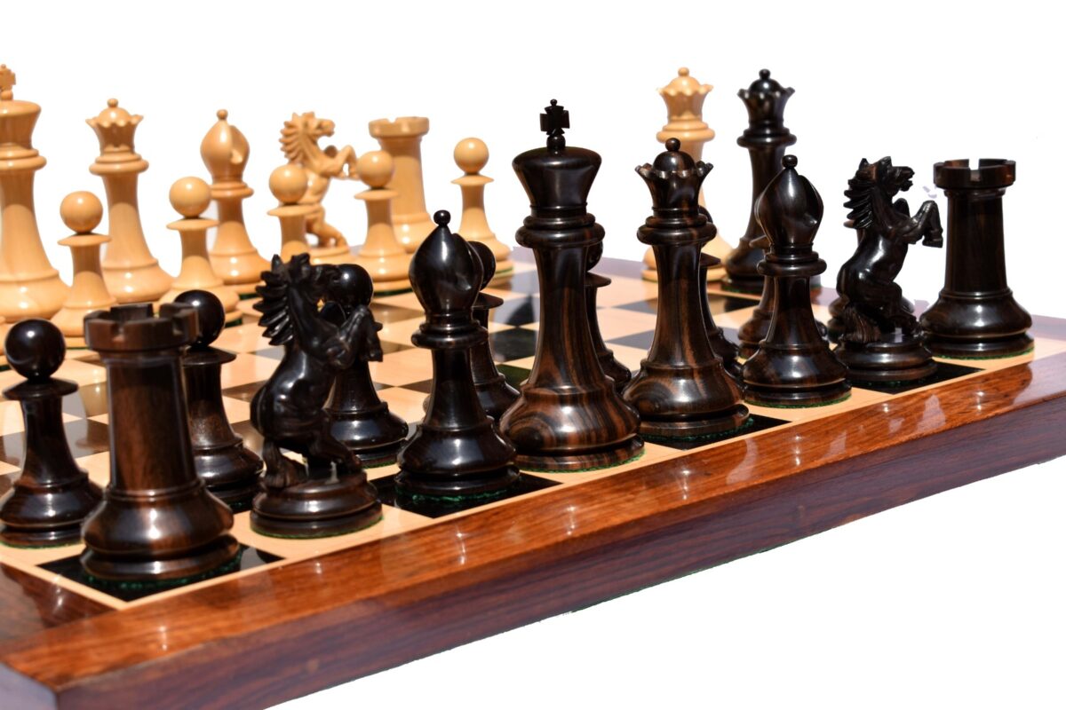 Special Edition Kohinoor Series Chess Set Boxwood & Golden Grain Stripped Ebony 5" King with 2.5" Square Chess Board-8511