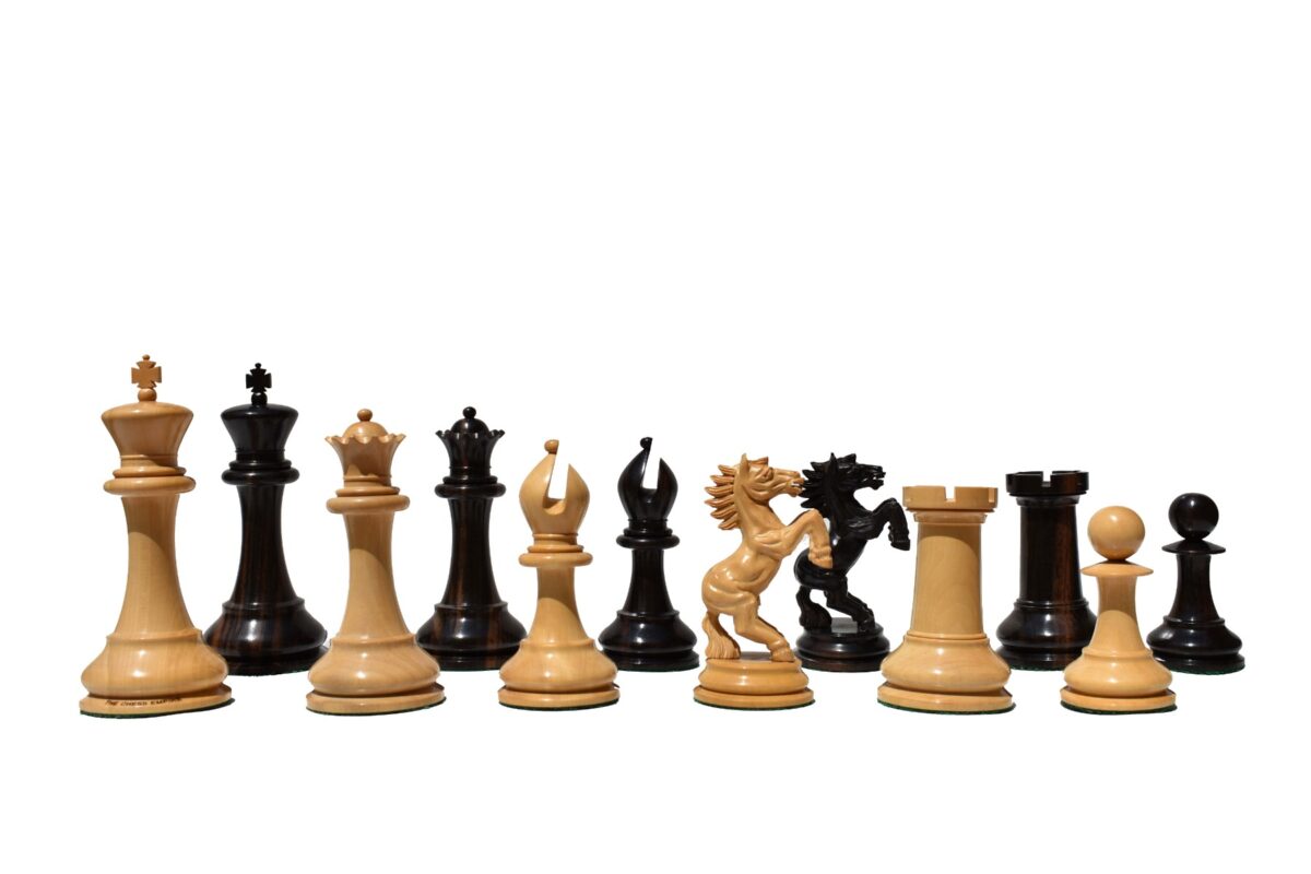 Special Edition Kohinoor Series Chess Set Boxwood & Golden Grain Stripped Ebony 5" King with 2.5" Square Chess Board-8526