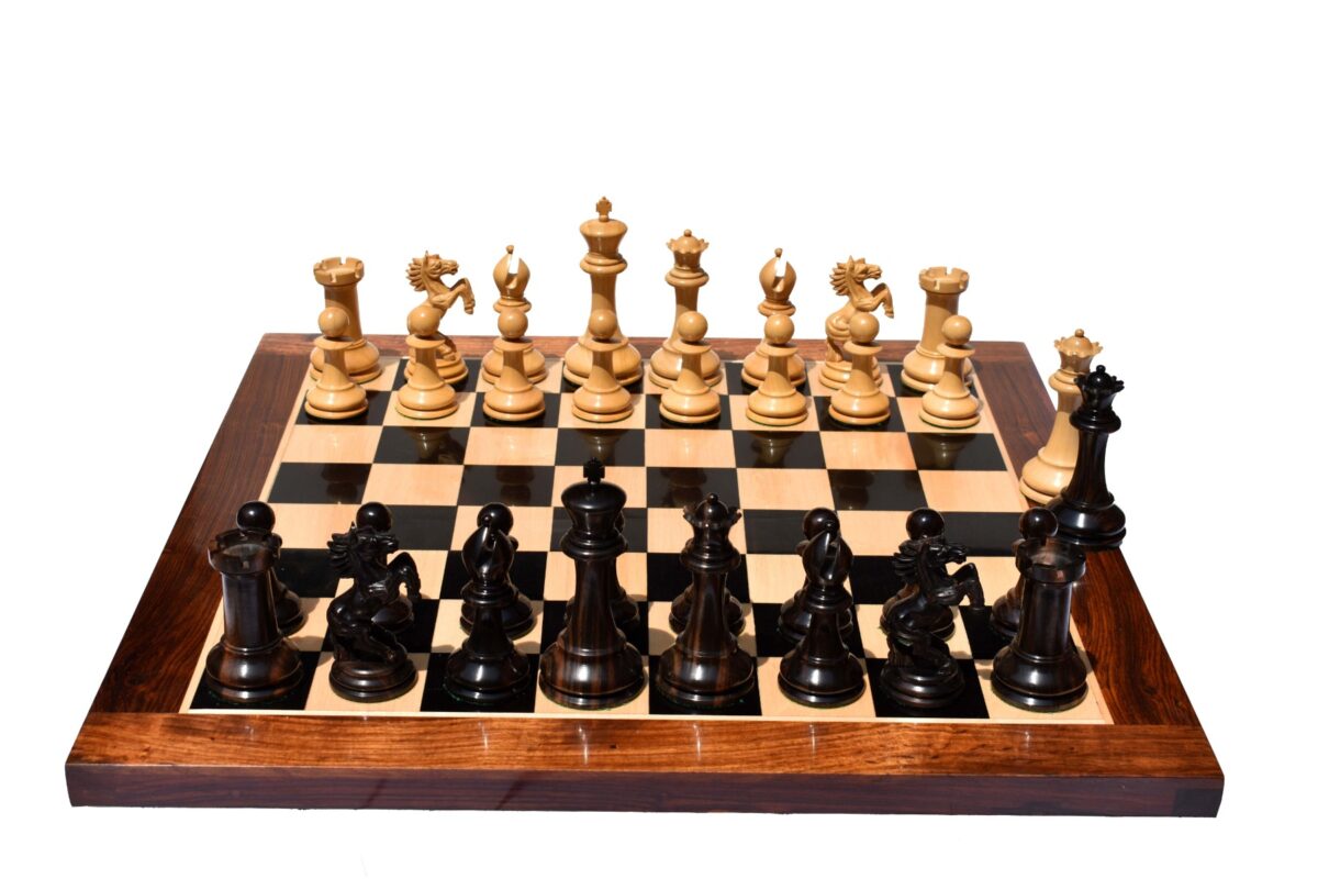 Special Edition Kohinoor Series Chess Set Boxwood & Golden Grain Stripped Ebony 5" King with 2.5" Square Chess Board-8513