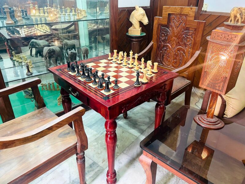 The Maharajah Chess Table Set African Padauk with Chairs and 4.4" Barbarian Series chess pieces -0