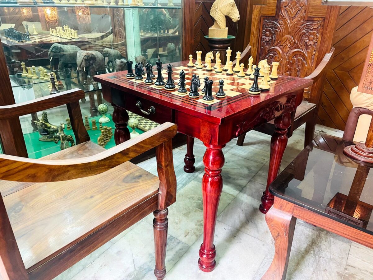 The Maharajah Chess Table Set African Padauk with Chairs and 4.4" Barbarian Series chess pieces -8548