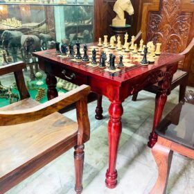 The Maharajah Chess Table Set African Padauk with Chairs and 4.4" Barbarian Series chess pieces -8548