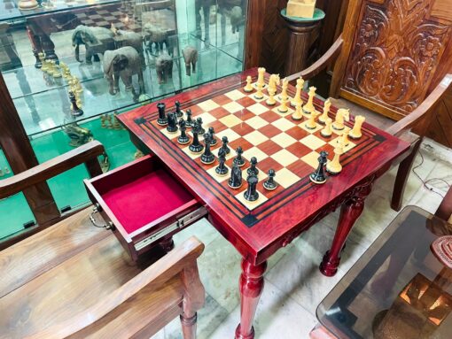 The Maharajah Chess Table Set African Padauk with Chairs and 4.4" Barbarian Series chess pieces -8549