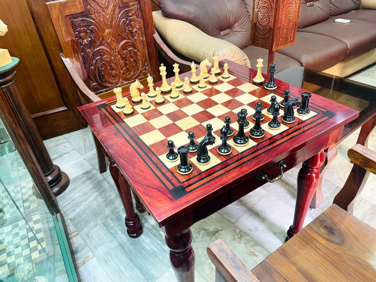 The Maharajah Chess Table Set African Padauk with Chairs and 4.4" Barbarian Series chess pieces -8550