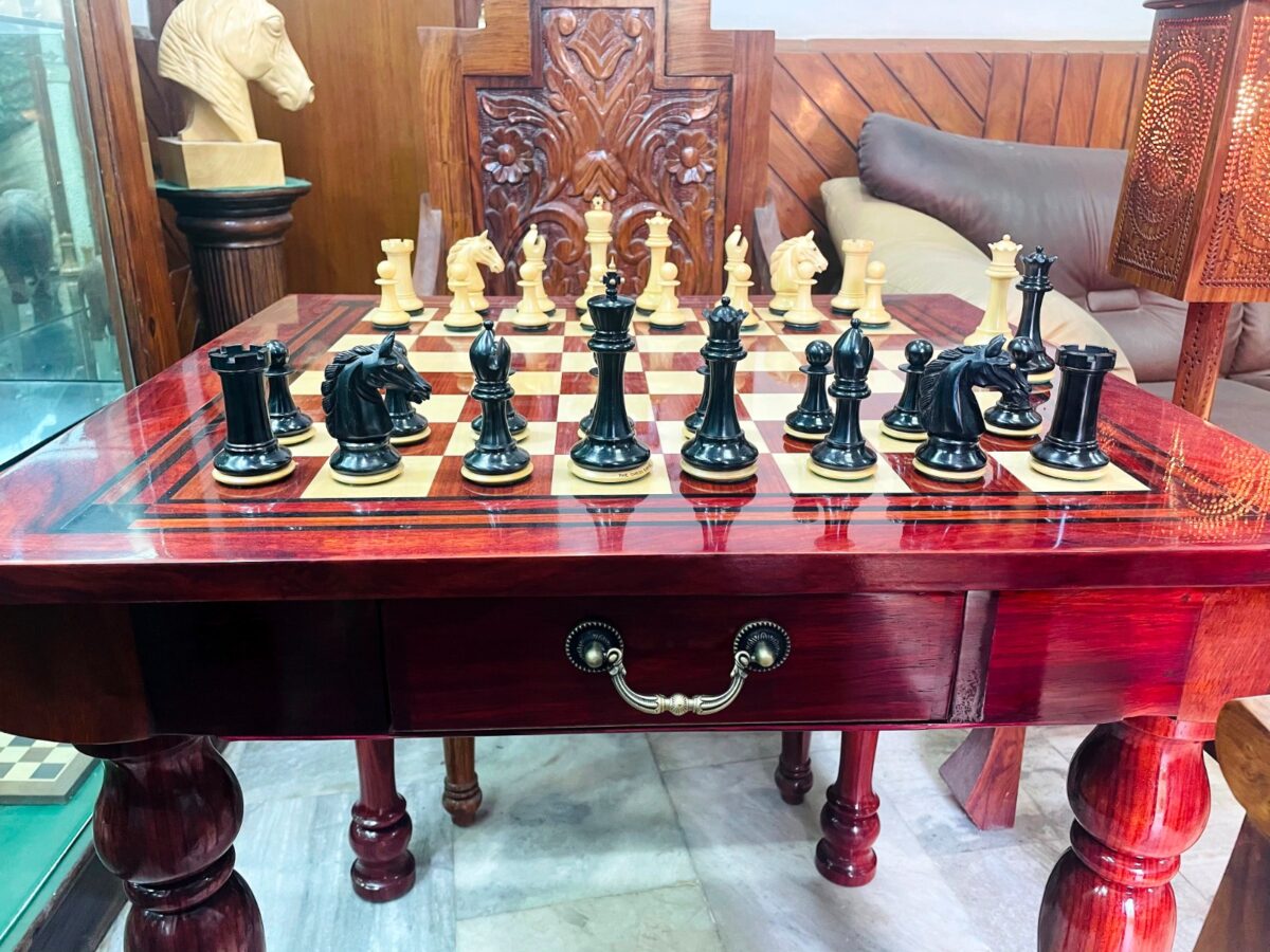 The Maharajah Chess Table Set African Padauk with Chairs and 4.4" Barbarian Series chess pieces -8552