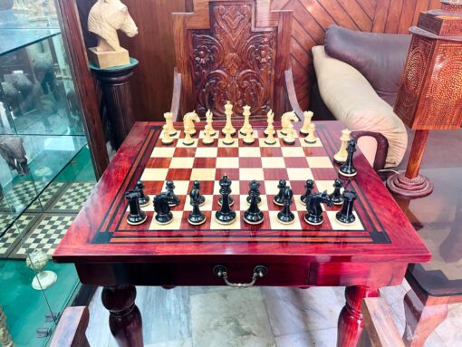 The Maharajah Chess Table Set African Padauk with Chairs and 4.4" Barbarian Series chess pieces -8553