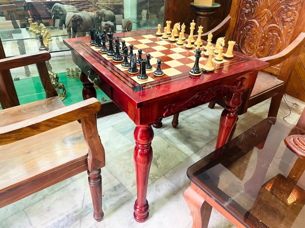 The Maharajah Chess Table Set African Padauk with Chairs and 4.4" Barbarian Series chess pieces -8554