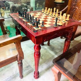 The Maharajah Chess Table Set African Padauk with Chairs and 4.4" Barbarian Series chess pieces -8554