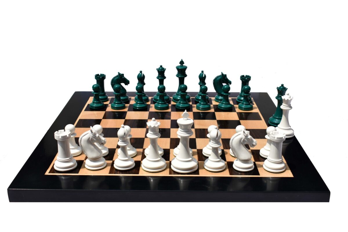 Queens Gambit Series II chess set White & Green Lacquer Boxwood 4" King-0