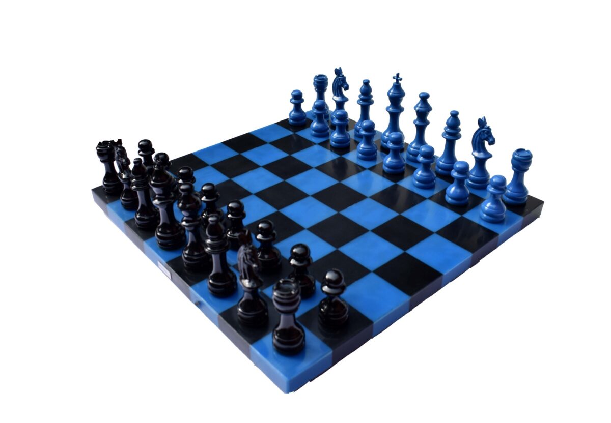 The Barcelona Series Aluminum Chess set Turquoise blue & Black coated 4.25" King with 16" resin chess board-0