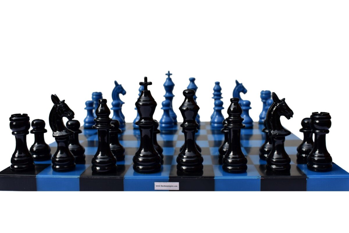 The Barcelona Series Aluminum Chess set Turquoise blue & Black coated 4.25" King with 16" resin chess board-8857