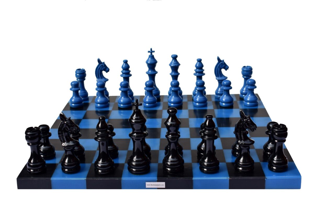 The Barcelona Series Aluminum Chess set Turquoise blue & Black coated 4.25" King with 16" resin chess board-8856