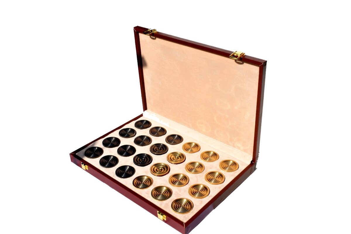 The Collector Series Solid brass checkers set Natural Brass and Black coated brass 1.75" diameter with 2" square chess board and storage box-8969