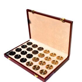 The Collector Series Solid brass checkers set pieces Natural Brass and Black coated brass 1.75" diameter with storage case-8978