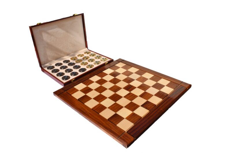 The Collector Series Solid brass checkers set Natural Brass and Black coated brass 1.75" diameter with 2" square chess board and storage box-0