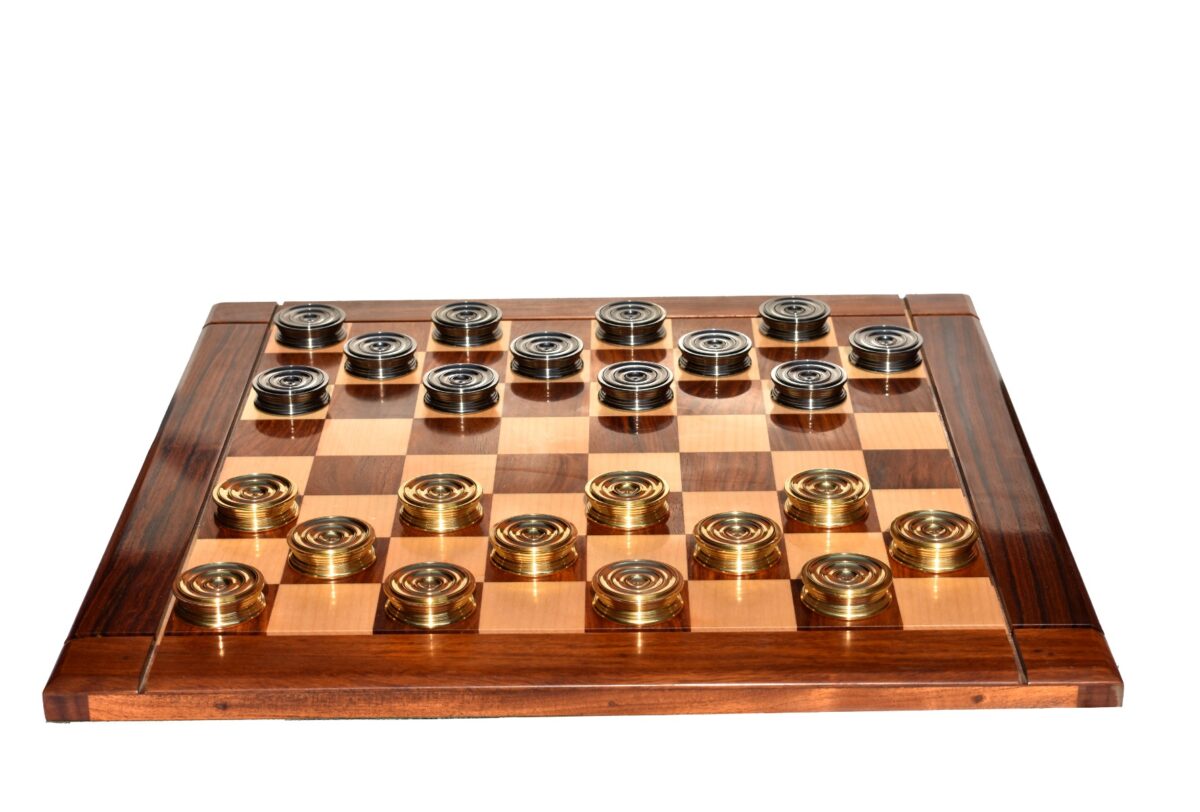 The Collector Series Solid brass checkers set Natural Brass and Black coated brass 1.75" diameter with 2" square chess board and storage box-8961