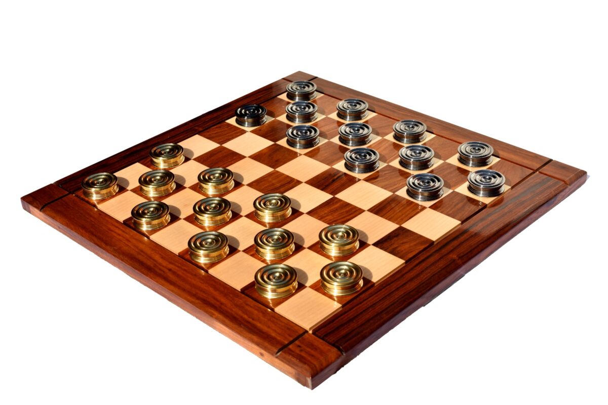 The Collector Series Solid brass checkers set Natural Brass and Black coated brass 1.75" diameter with 2" square chess board and storage box-8960