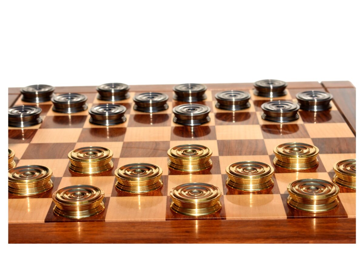 The Collector Series Solid brass checkers set Natural Brass and Black coated brass 1.75" diameter with 2" square chess board and storage box-8962