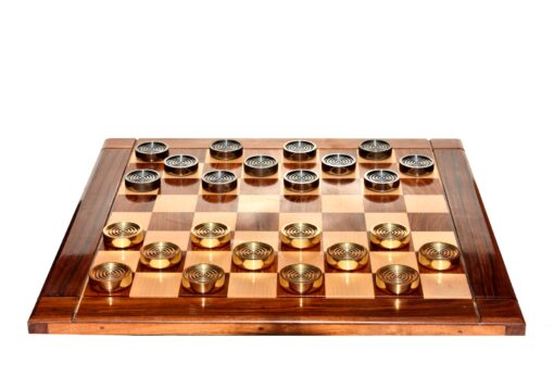 The Executive Solid Brass Checkers Set Natural Brass & Black coated Brass 1.75" diameter with 2" Square chess board and storage case -8949