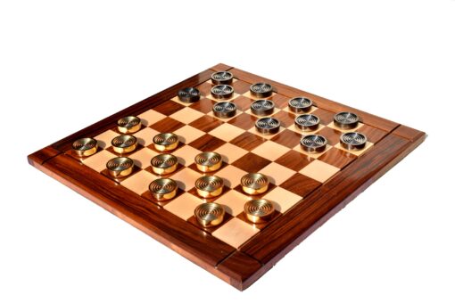 The Executive Solid Brass Checkers Set Natural Brass & Black coated Brass 1.75" diameter with 2" Square chess board and storage case -8948