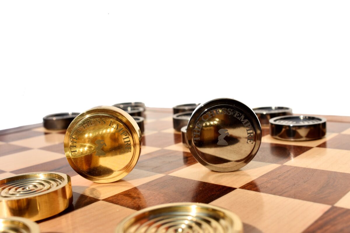 The Executive Solid Brass Checkers Set Natural Brass & Black coated Brass 1.75" diameter with 2" Square chess board and storage case -8958