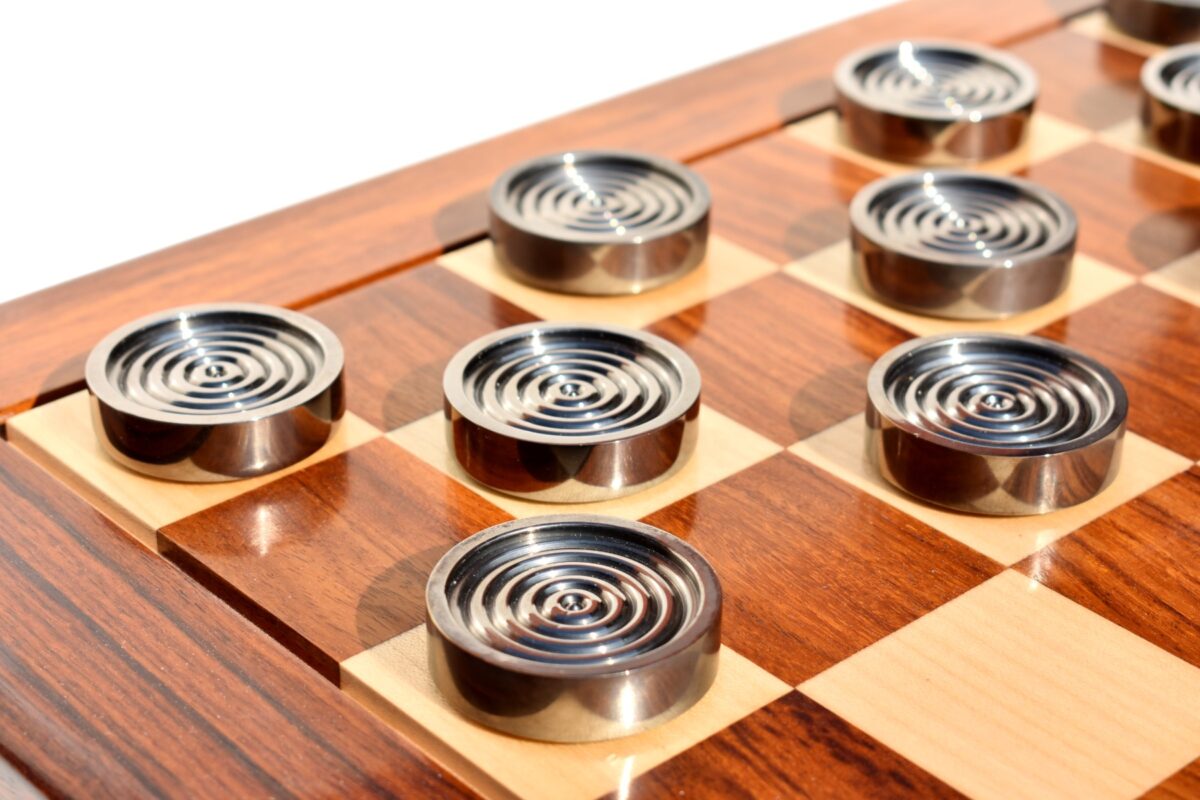 The Executive Solid Brass Checkers Set Natural Brass & Black coated Brass 1.75" diameter with 2" Square chess board and storage case -8953