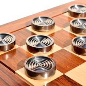 The Executive Series Solid brass checkers set pieces Natural Brass and Black coated brass 1.75" diameter with storage case-8983