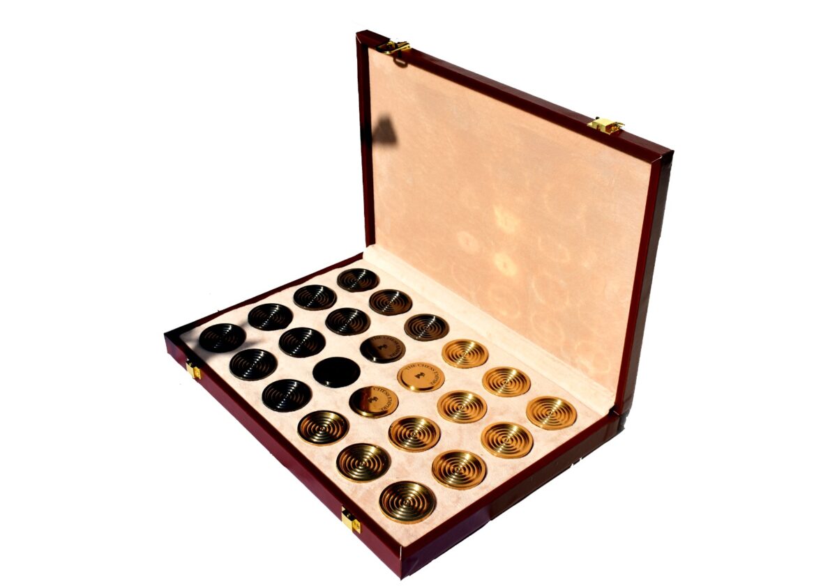 The Executive Solid Brass Checkers Set Natural Brass & Black coated Brass 1.75" diameter with 2" Square chess board and storage case -8956