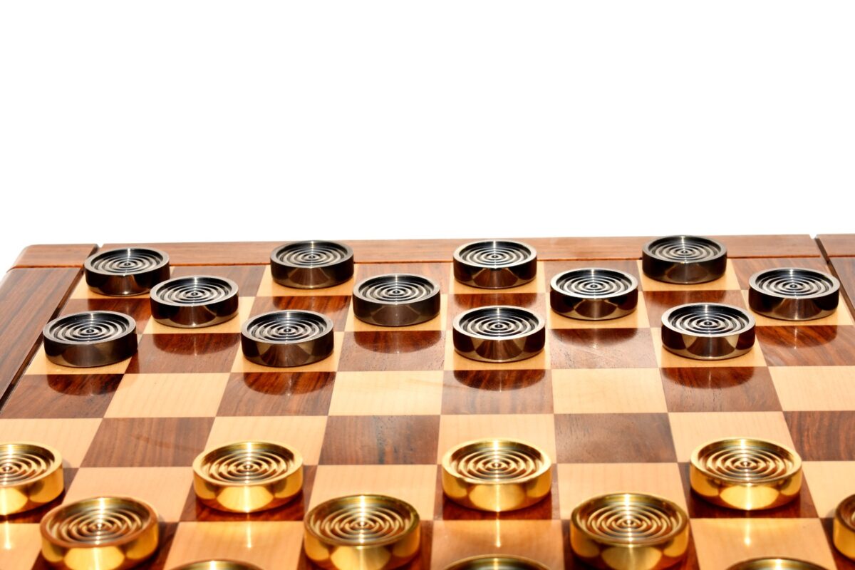 The Executive Solid Brass Checkers Set Natural Brass & Black coated Brass 1.75" diameter with 2" Square chess board and storage case -8951