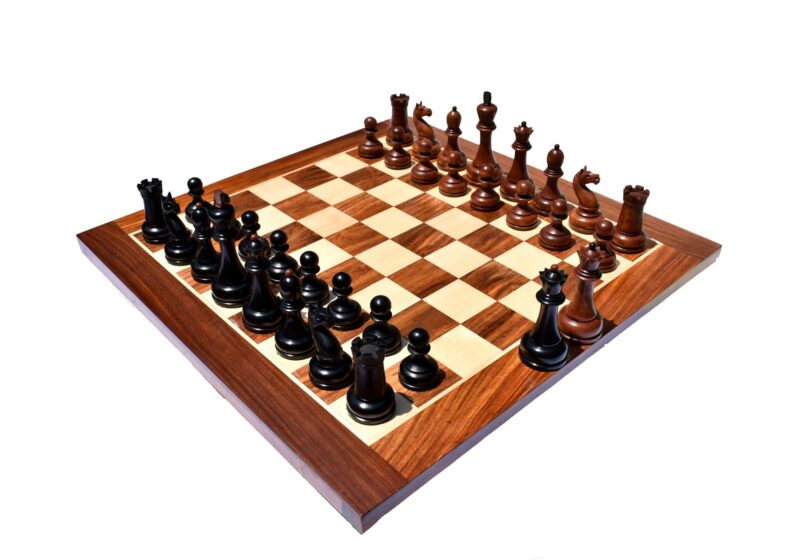 The Reproduction of 1960 Mikhail Tal chess set Antiqued Boxwood & Ebony 4.125" king with 2" Square Chess Board-0