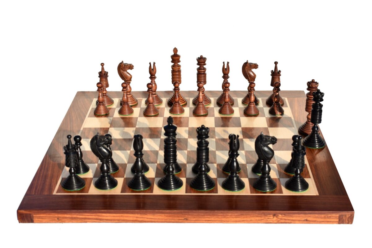 English Pre-Staunton chess set reproduction Antique Boxwood & Ebony 4.625" King with 2" Square Chess Board-9121