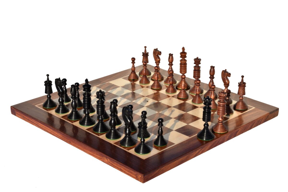 English Pre-Staunton chess set reproduction Antique Boxwood & Ebony 4.625" King with 2" Square Chess Board-0