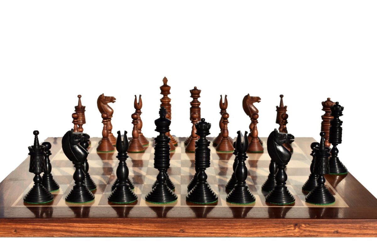 English Pre-Staunton chess set reproduction Antique Boxwood & Ebony 4.625" King with 2" Square Chess Board-9122