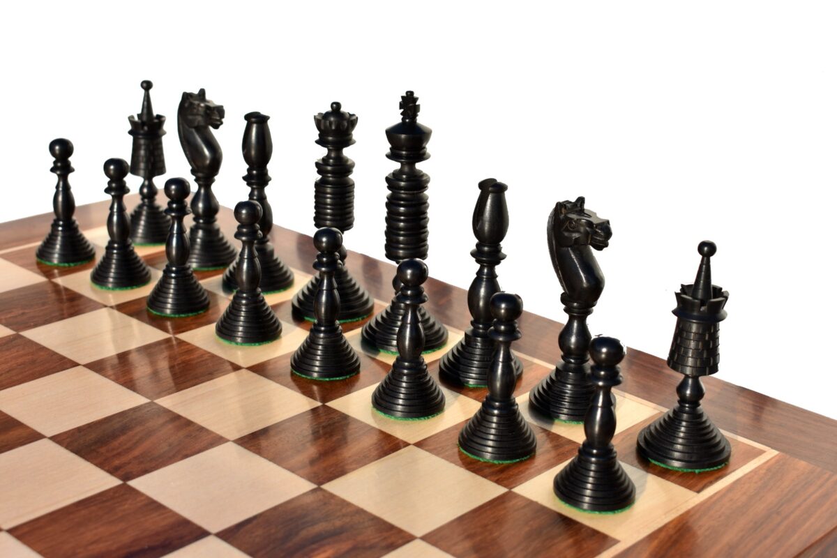 English Pre-Staunton chess set reproduction Antique Boxwood & Ebony 4.625" King with 2" Square Chess Board-9128