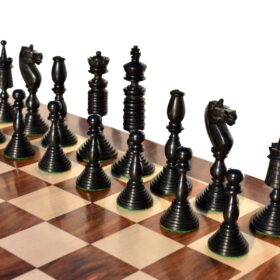 English Pre-Staunton chess set reproduction Antique Boxwood & Ebony 4.625" King with 2" Square Chess Board-9128