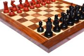 THE REPRODUCTION OF 1960 MIKHAIL TAL CHESS SET CRIMSON BOXWOOD & EBONIZED 4.125" KING WITH 2" SQUARE CHESS BOARD-0