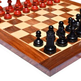 THE REPRODUCTION OF 1960 MIKHAIL TAL CHESS SET CRIMSON BOXWOOD & EBONIZED 4.125" KING WITH 2" SQUARE CHESS BOARD-0