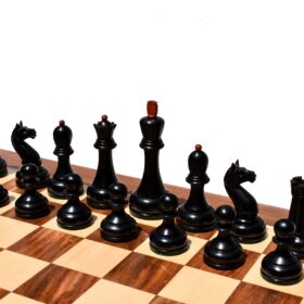 THE REPRODUCTION OF 1960 MIKHAIL TAL CHESS SET CRIMSON BOXWOOD & EBONIZED 4.125" KING WITH 2" SQUARE CHESS BOARD-9115