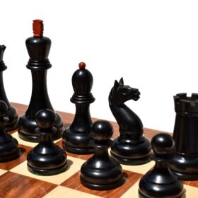 THE REPRODUCTION OF 1960 MIKHAIL TAL CHESS SET CRIMSON BOXWOOD & EBONIZED 4.125" KING WITH 2" SQUARE CHESS BOARD-9116