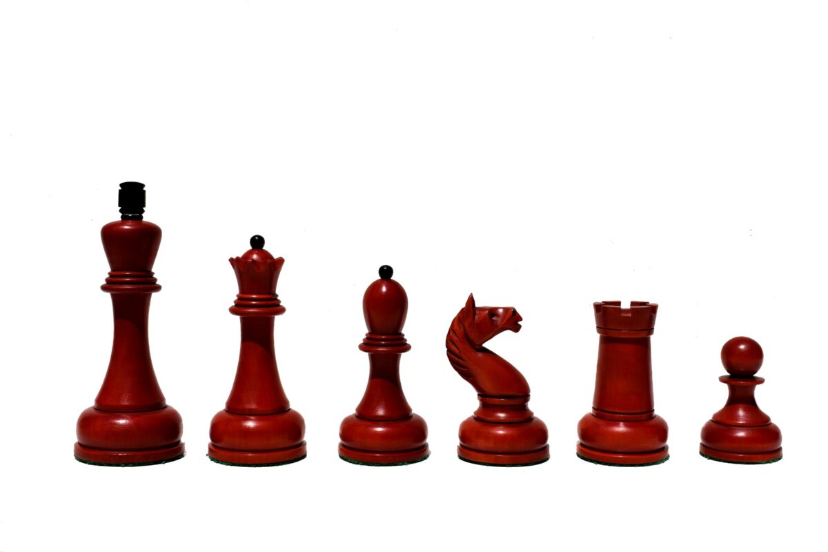 THE REPRODUCTION OF 1960 MIKHAIL TAL CHESS SET CRIMSON BOXWOOD & EBONIZED 4.125" KING WITH 2" SQUARE CHESS BOARD-9119