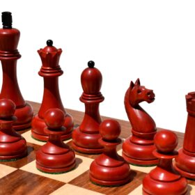 THE REPRODUCTION OF 1960 MIKHAIL TAL CHESS SET CRIMSON BOXWOOD & EBONIZED 4.125" KING WITH 2" SQUARE CHESS BOARD-9112