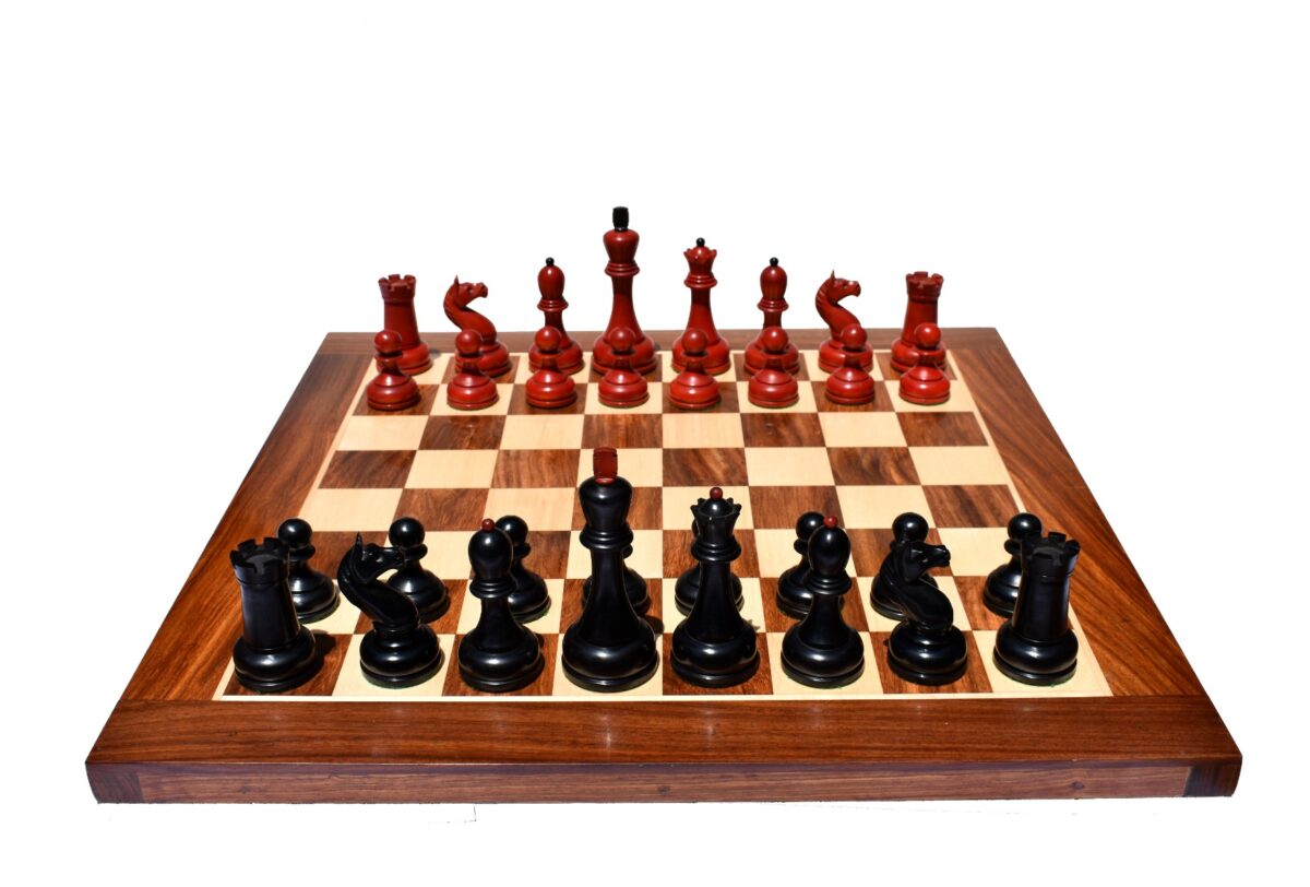 THE REPRODUCTION OF 1960 MIKHAIL TAL CHESS SET CRIMSON BOXWOOD & EBONIZED 4.125" KING WITH 2" SQUARE CHESS BOARD-9107