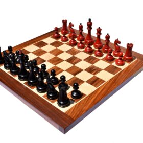 THE REPRODUCTION OF 1960 MIKHAIL TAL CHESS SET CRIMSON BOXWOOD & EBONIZED 4.125" KING WITH 2" SQUARE CHESS BOARD-9106