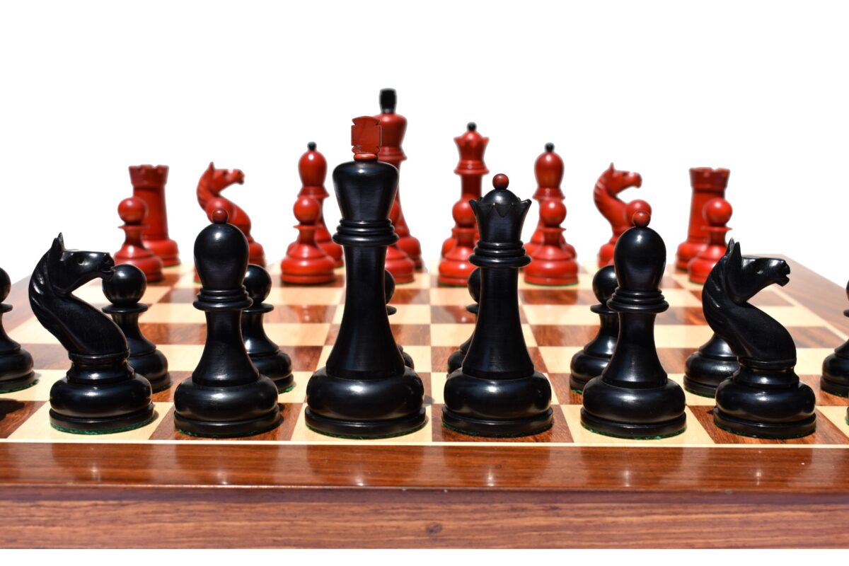 THE REPRODUCTION OF 1960 MIKHAIL TAL CHESS SET CRIMSON BOXWOOD & EBONIZED 4.125" KING WITH 2" SQUARE CHESS BOARD-9108