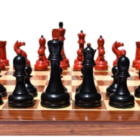 THE REPRODUCTION OF 1960 MIKHAIL TAL CHESS SET CRIMSON BOXWOOD & EBONIZED 4.125" KING WITH 2" SQUARE CHESS BOARD-9108