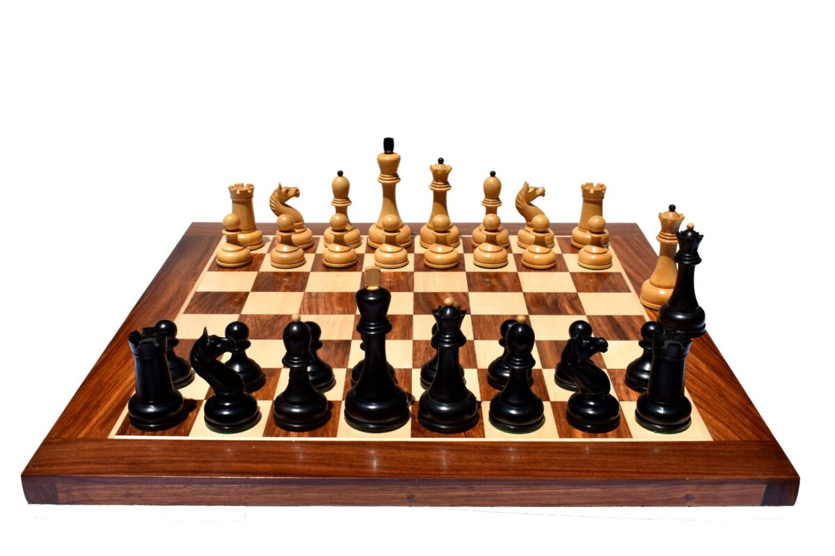 THE REPRODUCTION OF 1960 MIKHAIL TAL CHESS SET BOXWOOD & EBONIZED 4.125" KING WITH 2" SQUARE CHESS BOARD-9090