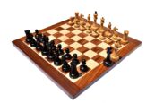 THE REPRODUCTION OF 1960 MIKHAIL TAL CHESS SET BOXWOOD & EBONIZED 4.125" KING WITH 2" SQUARE CHESS BOARD-0